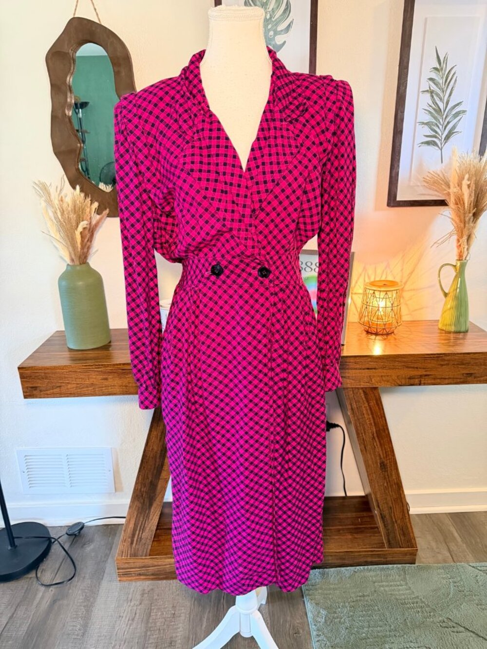 Vintage Pink Checkered Dress Shoulder Pads 80s 90s Midi Retro Size 10